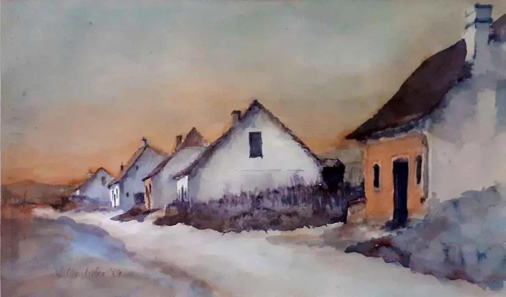 Walter Mikes: „Kellergasse in Straß“, 1997, Aquarell auf Papier, 31x51cm