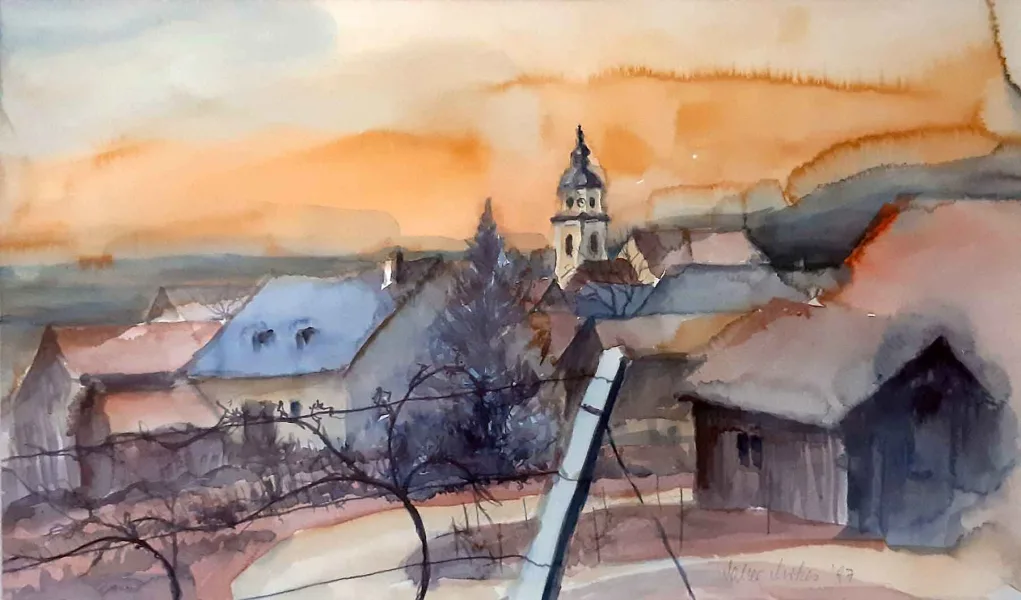 Walter Mikes: „Straß im Straßertal“ 1997, Aquarell auf Papier, 31x51cm