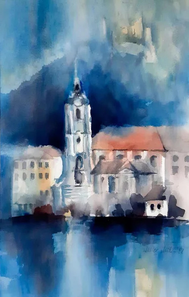 Walter Mikes: „Dürnstein“ 1998, Aquarell auf Fabriano-Karton, 50x32cm