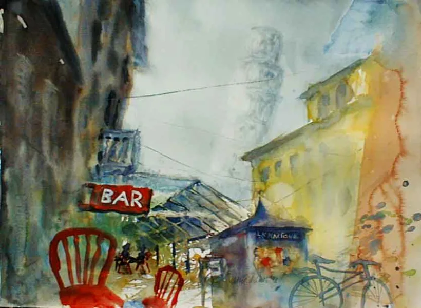 Walter Mikes: „Pisa“ 1998, Aquarell auf Fabriano-Karton, 38x52cm, mit Passepartout 50x70cm