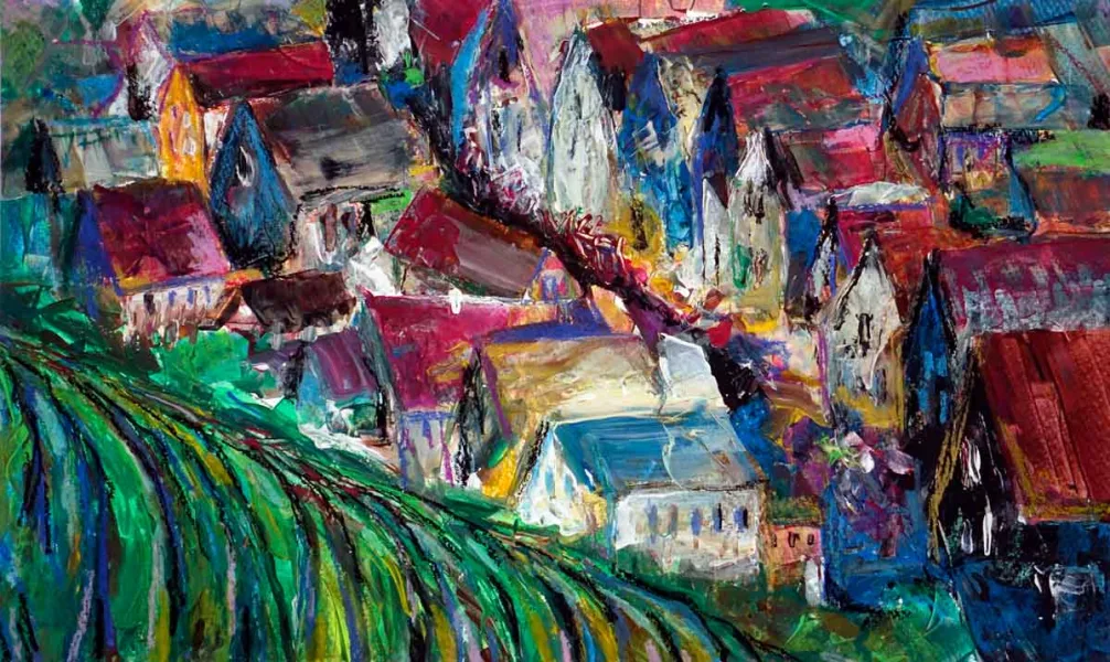 Walter Mikes: „Ribeauville“ 2014, Gouache und Ölpastell auf Papier, 54x32,5cm