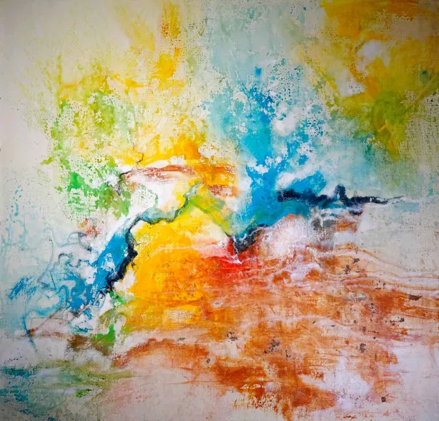 Walter Mikes: „Frühlingsduft“ 2018, Mischtechnik auf Jute, 150x150cm