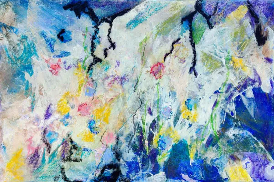 Walter Mikes: „Heiter bis wolkig“ 2023, Chinesische Tusche und Ölpastell auf Leinwand, 40x60cm, mit Rahmen 53x73cm