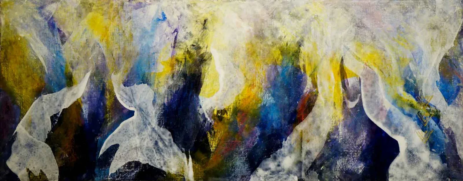 Walter Mikes: „Leichtigkeit des Seins“, 2023, Chinesische Tusche und Ölpastell auf Leinwand, mit Rahmen 51x127cm