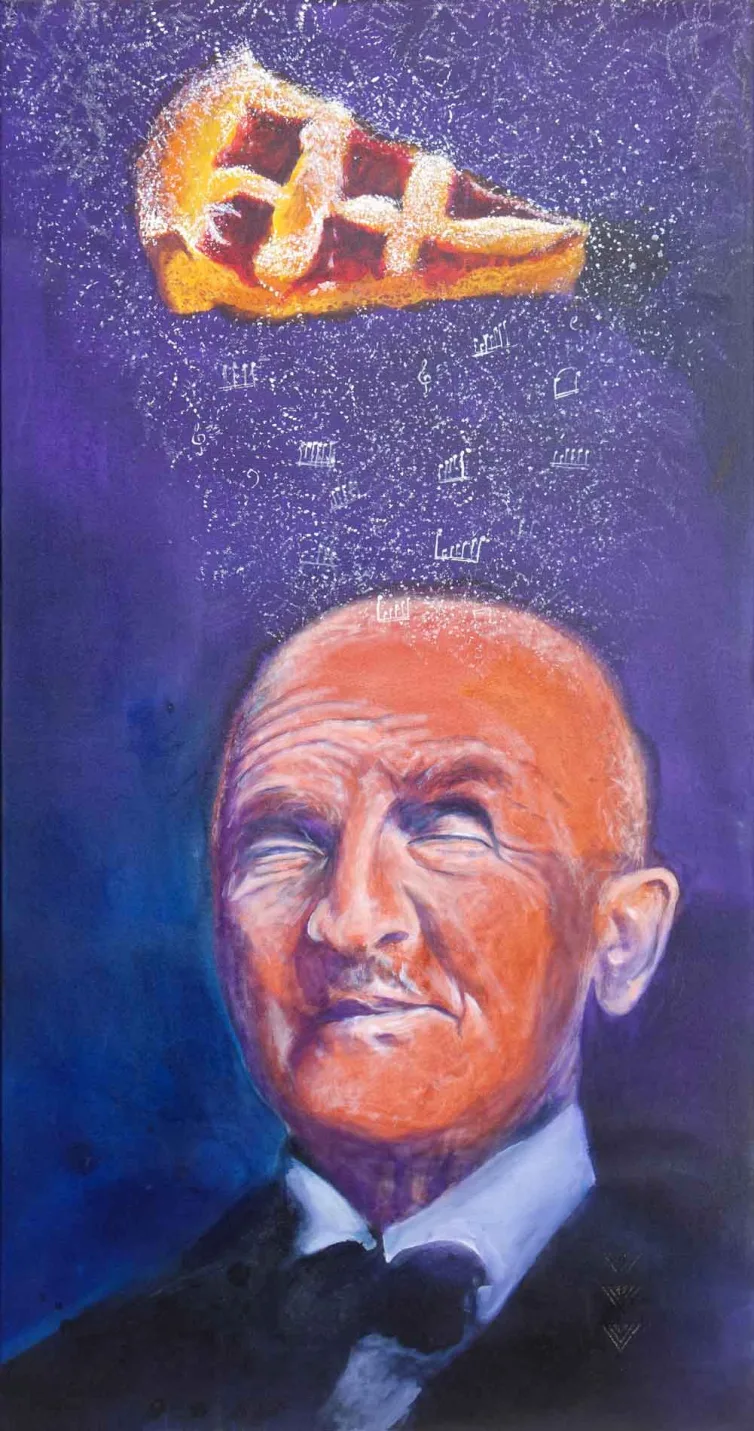 Walter Mikes: "Linzertorte - Anton Bruckners Sweet Dreams", 2023, Chinesische Tusche auf Leinwand, 90x180cm