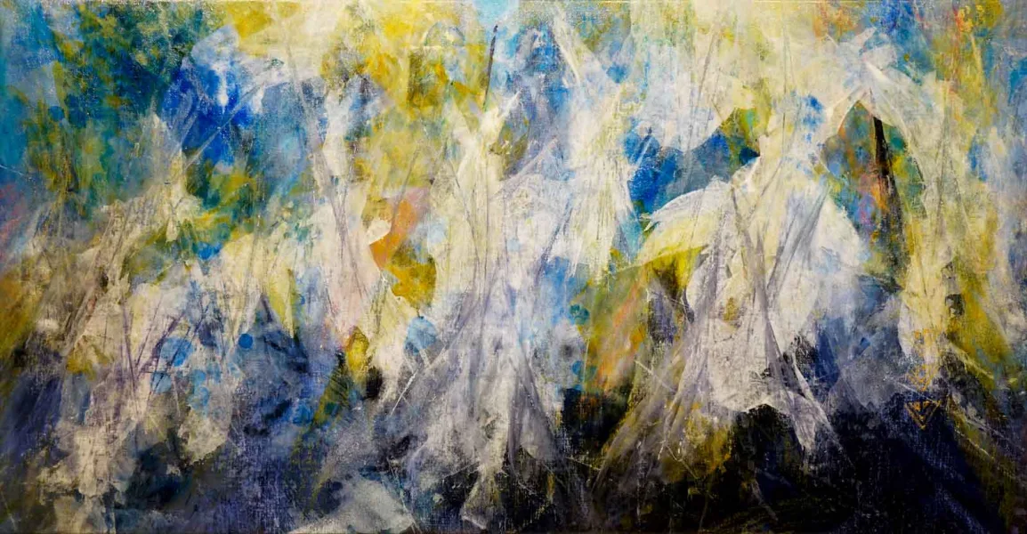 Walter Mikes: „Tanz der guten Geister“, 2023, Chinesische Tusche und Ölpastell auf Leinwand, mit Rahmen 65x125cm