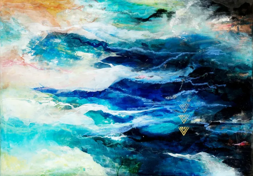 Walter Mikes: „Dance Of The Universe” 2019, Gouache, chinesische Tusche und Ölpastell auf Baumwolltuch, gefirnisst, 70x100cm